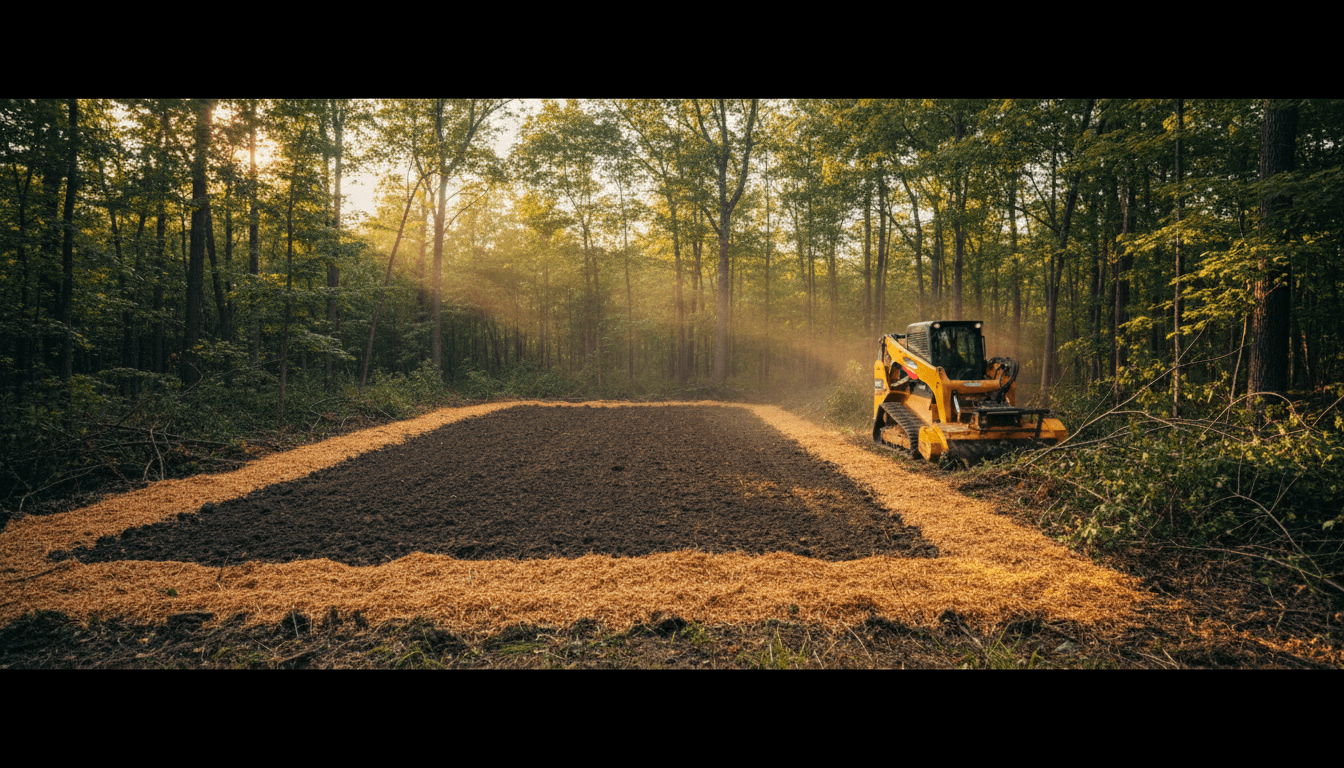 Skid steer with forestry mulcher clearing brush in a dense forest, revealing tilled soil.
