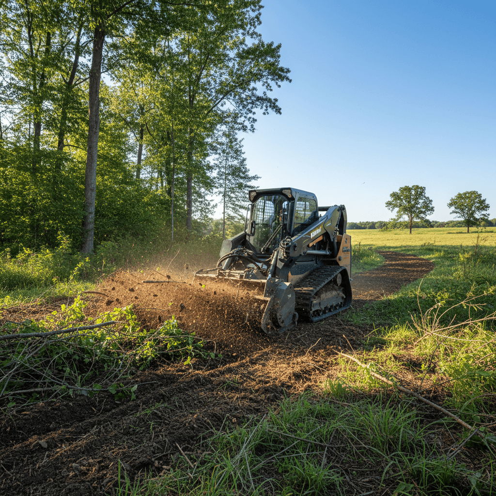 Skid steer with forestry mulcher in a forest, clearing land during golden hour.