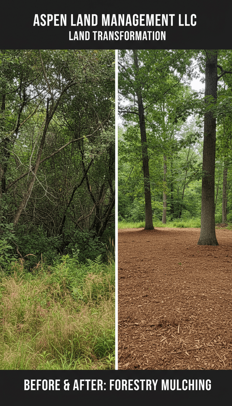 Transformation from overgrown vegetation to manicured, cleared grounds by Aspen Land Management.